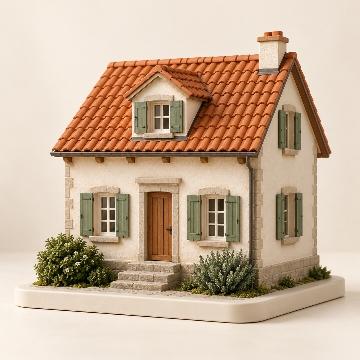Hausminiatur mit hellen Wänden, grünen Fensterläden und Ziegeldach